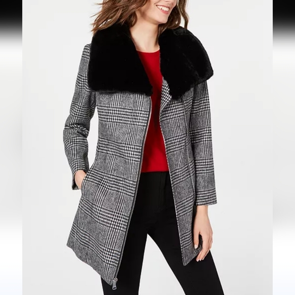 NWT INC International Plaid Black/ White Fur Collor Jacket sz L - Picture 2 of 15